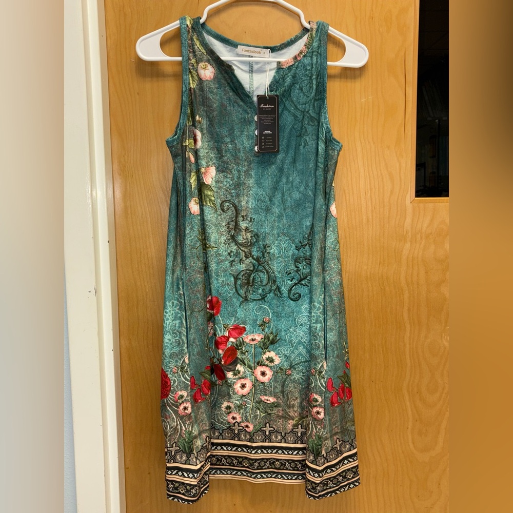 Elegant Teal and Red Floral Midi Dress